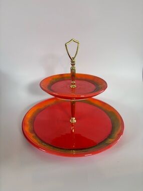 California Pottery Tiered Tray 859 Red Mid Century Dessert Stand
